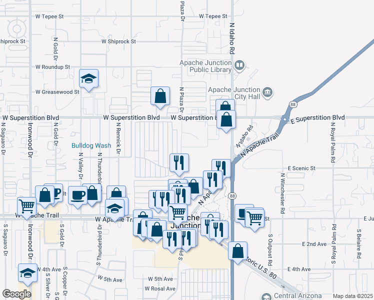 map of restaurants, bars, coffee shops, grocery stores, and more near in Apache Junction