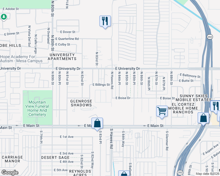 map of restaurants, bars, coffee shops, grocery stores, and more near 8321 East Billings Street in Mesa