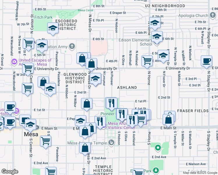 map of restaurants, bars, coffee shops, grocery stores, and more near in Mesa