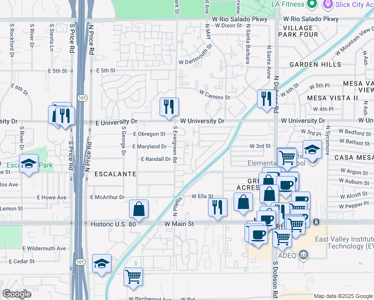 map of restaurants, bars, coffee shops, grocery stores, and more near 907 South Acorn Avenue in Tempe