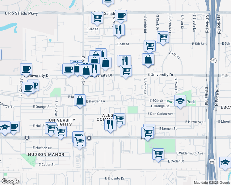 map of restaurants, bars, coffee shops, grocery stores, and more near 1905 East University Drive in Tempe
