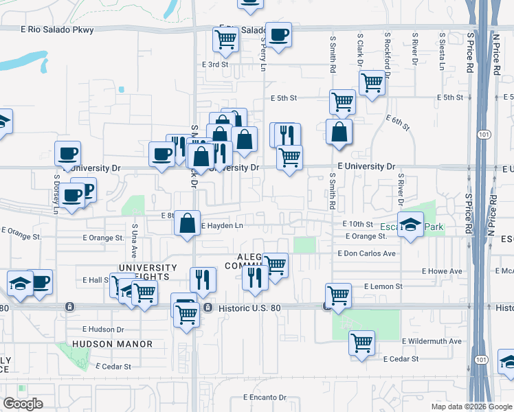 map of restaurants, bars, coffee shops, grocery stores, and more near South Apartment in Tempe
