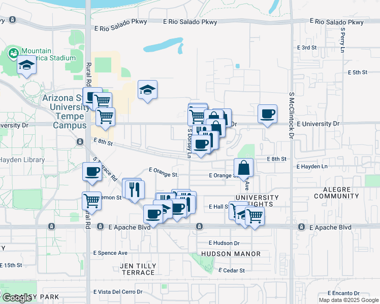map of restaurants, bars, coffee shops, grocery stores, and more near 831 South Dorsey Lane in Tempe
