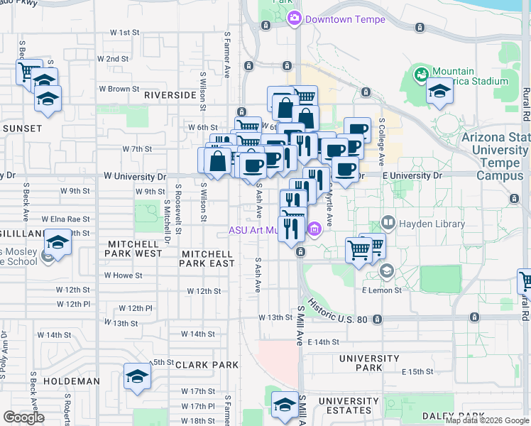 map of restaurants, bars, coffee shops, grocery stores, and more near 905 South Ash Avenue in Tempe