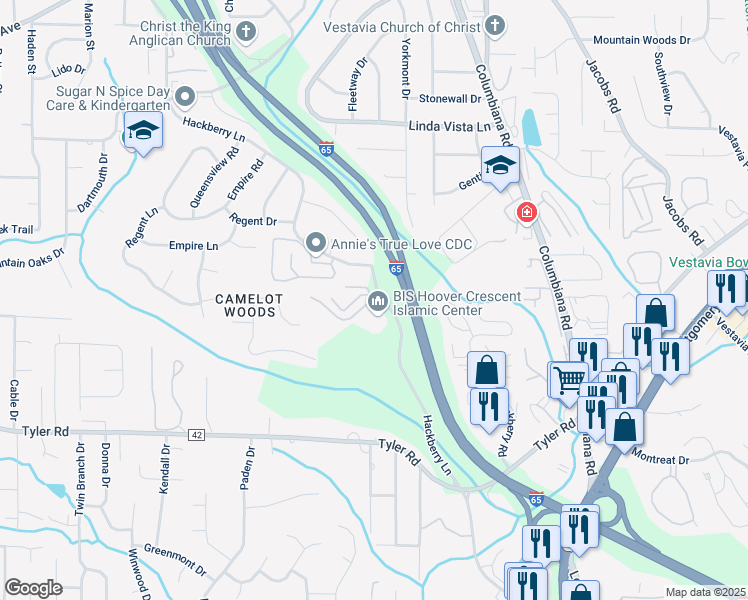 map of restaurants, bars, coffee shops, grocery stores, and more near 605 Running Brook Road in Hoover