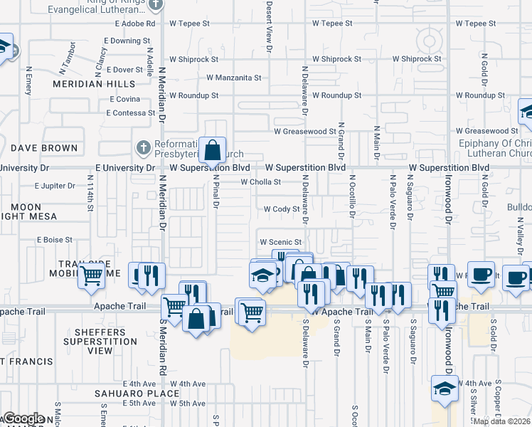 map of restaurants, bars, coffee shops, grocery stores, and more near 2617 West Cody Street in Apache Junction