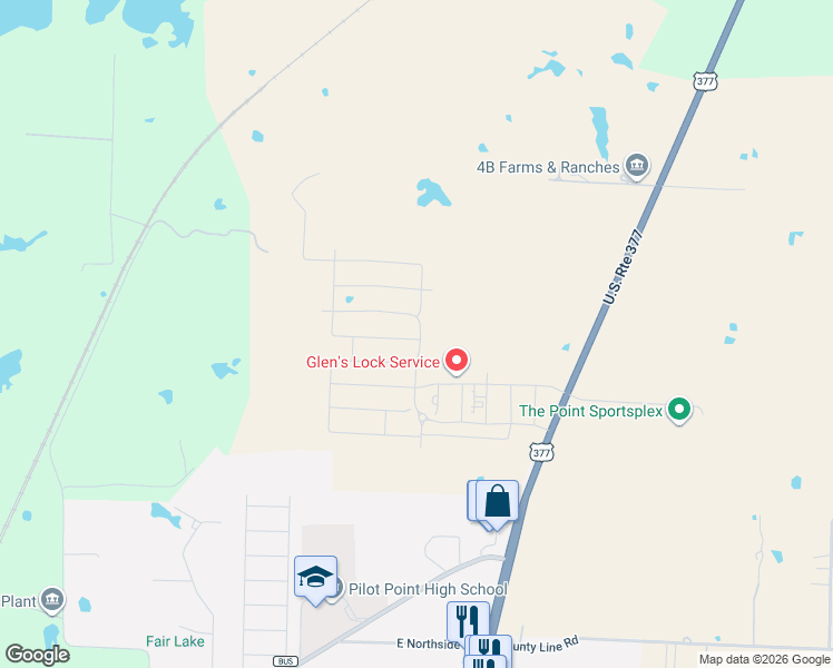 map of restaurants, bars, coffee shops, grocery stores, and more near 1010 U.S. Route 377 in Pilot Point
