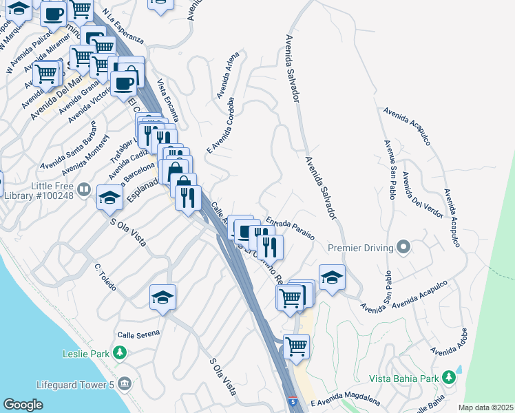 map of restaurants, bars, coffee shops, grocery stores, and more near 129 East Avenida San Juan in San Clemente
