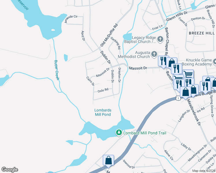 map of restaurants, bars, coffee shops, grocery stores, and more near 2617 Dublin Drive in Augusta