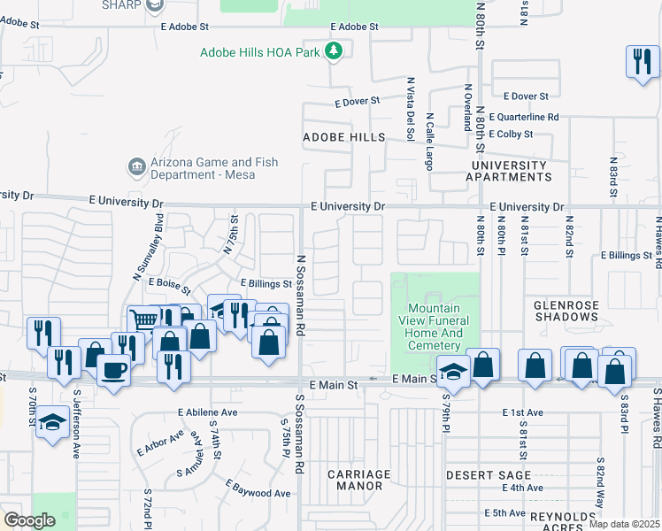 map of restaurants, bars, coffee shops, grocery stores, and more near 7651 East Boise Street in Mesa