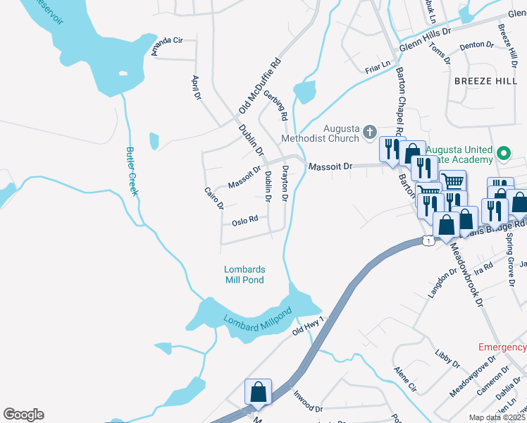 map of restaurants, bars, coffee shops, grocery stores, and more near 2617 Dublin Drive in Augusta