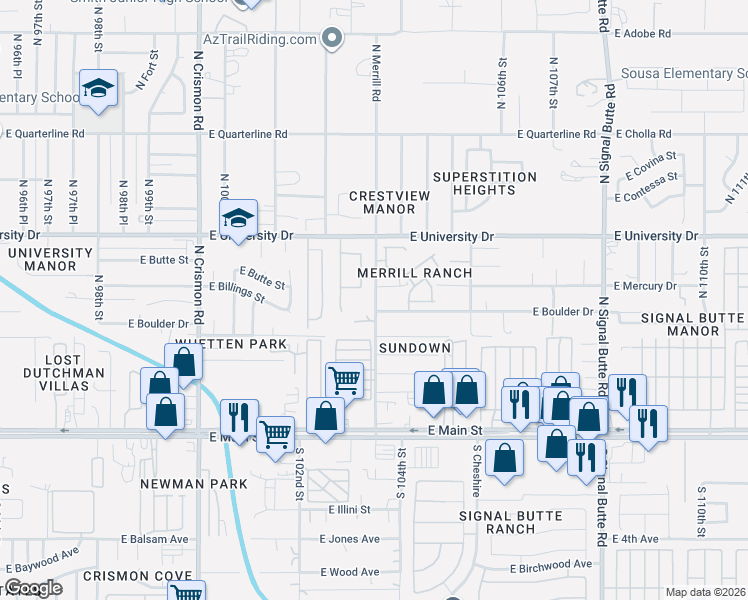 map of restaurants, bars, coffee shops, grocery stores, and more near 10332 East Boulder Drive in Apache Junction