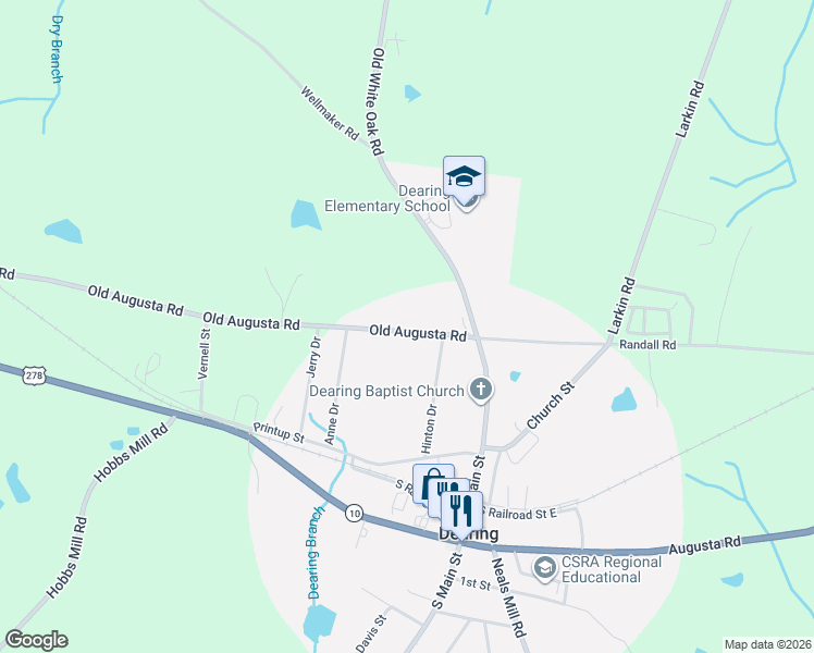 map of restaurants, bars, coffee shops, grocery stores, and more near 3371-3483 Old Augusta Road in Dearing