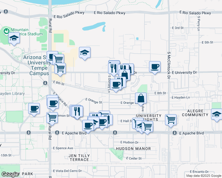 map of restaurants, bars, coffee shops, grocery stores, and more near 831 South Dorsey Lane in Tempe