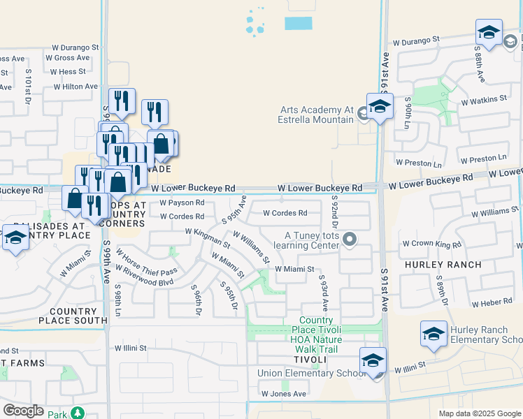 map of restaurants, bars, coffee shops, grocery stores, and more near 9396 West Cordes Road in Tolleson