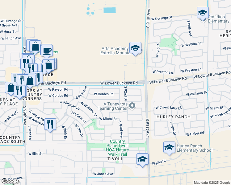 map of restaurants, bars, coffee shops, grocery stores, and more near 9316 West Cordes Road in Tolleson
