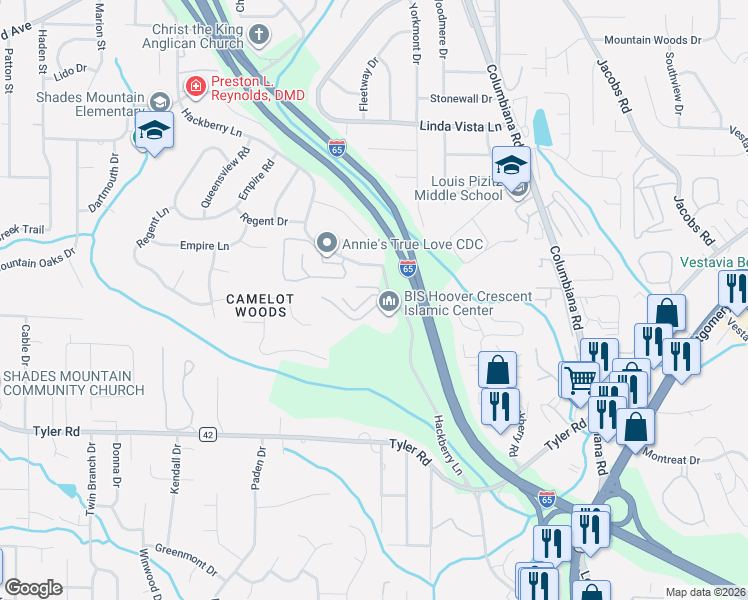 map of restaurants, bars, coffee shops, grocery stores, and more near 605 Running Brook Road in Hoover