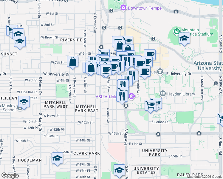 map of restaurants, bars, coffee shops, grocery stores, and more near 905 1/2 South Ash Avenue in Tempe