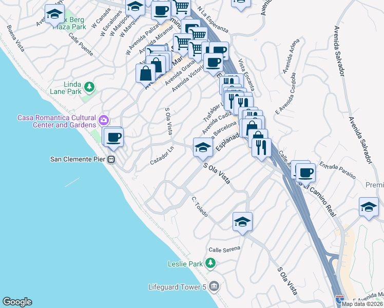 map of restaurants, bars, coffee shops, grocery stores, and more near 207 Trafalgar Lane in San Clemente