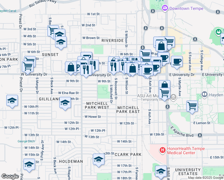 map of restaurants, bars, coffee shops, grocery stores, and more near 915 South Mitchell Drive in Tempe