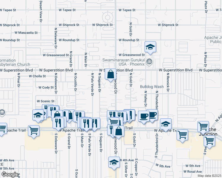 map of restaurants, bars, coffee shops, grocery stores, and more near 552 North Ironwood Drive in Apache Junction