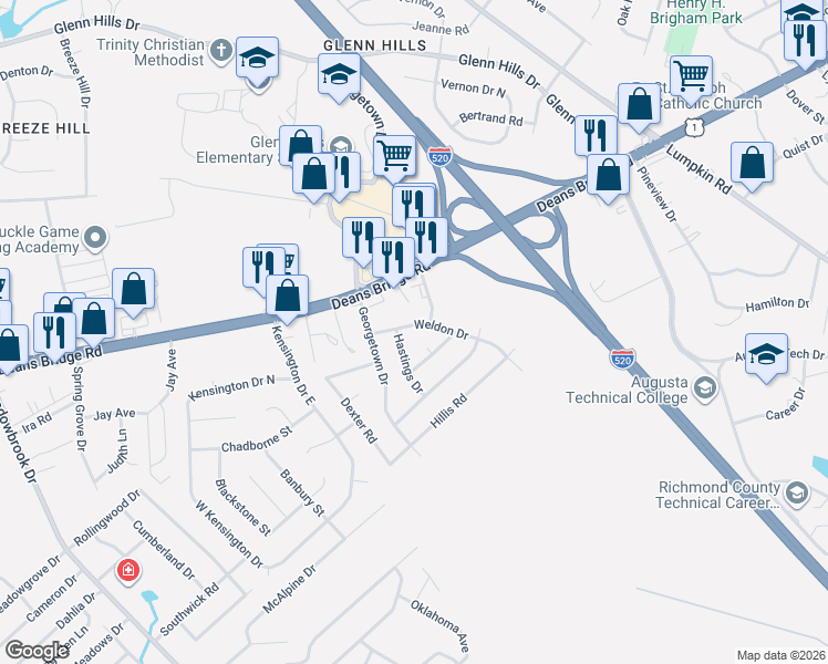 map of restaurants, bars, coffee shops, grocery stores, and more near 2518 Weldon Drive in Augusta