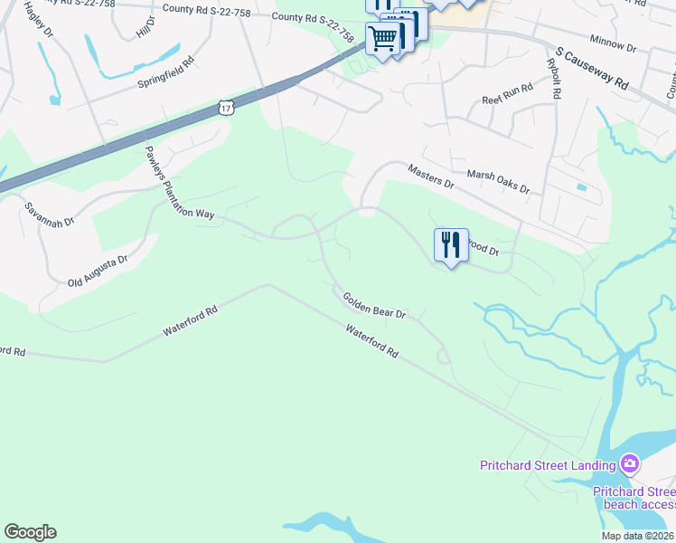 map of restaurants, bars, coffee shops, grocery stores, and more near 145 Golden Bear Drive in Pawleys Island