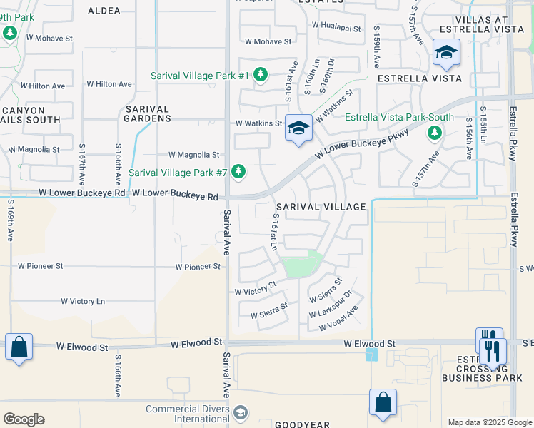 map of restaurants, bars, coffee shops, grocery stores, and more near 19182 West Winslow Drive in Goodyear