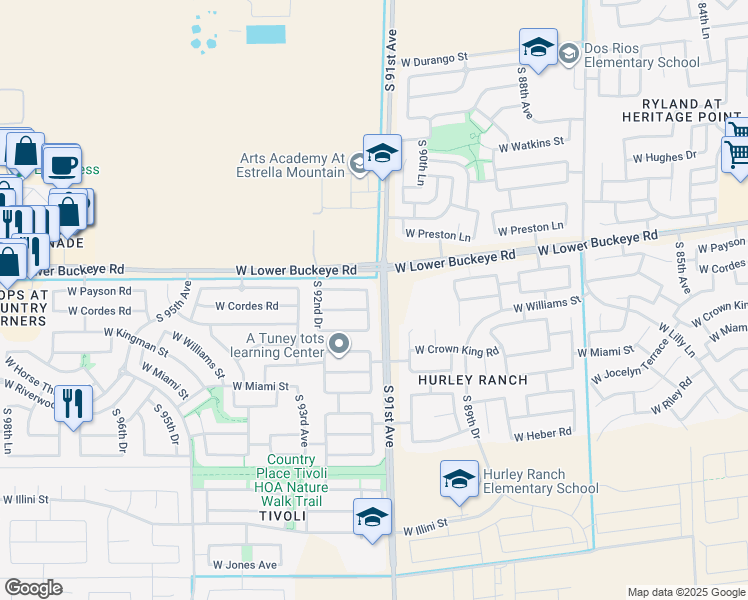 map of restaurants, bars, coffee shops, grocery stores, and more near 2911 South 91st Drive in Tolleson