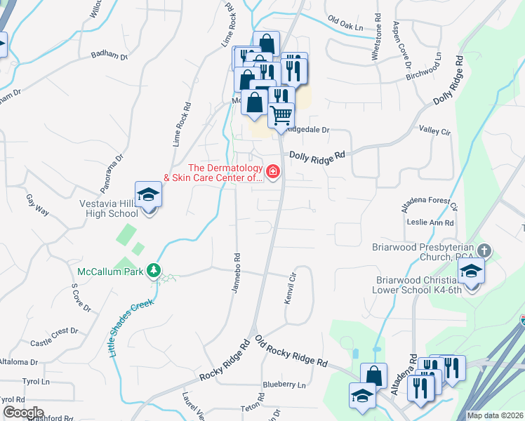 map of restaurants, bars, coffee shops, grocery stores, and more near 1584 Creekstone Circle in Birmingham