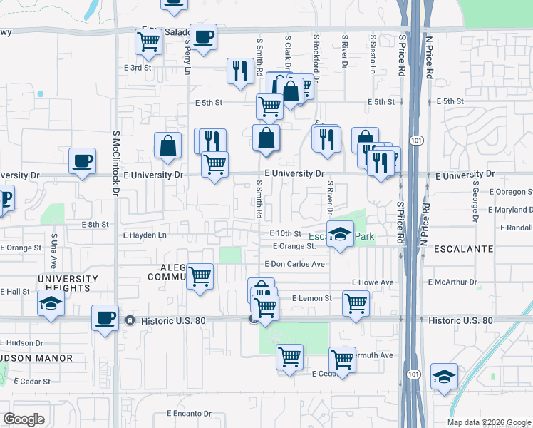 map of restaurants, bars, coffee shops, grocery stores, and more near 30 East Mobile Home Park in Tempe