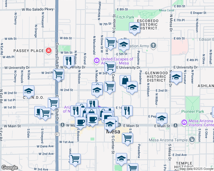 map of restaurants, bars, coffee shops, grocery stores, and more near 215 North Drew Street in Mesa