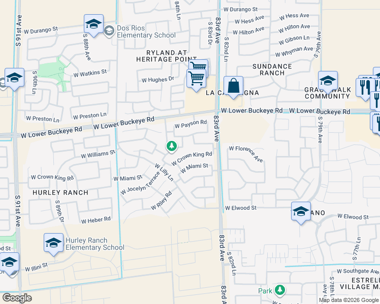 map of restaurants, bars, coffee shops, grocery stores, and more near 8352 West Crown King Road in Tolleson