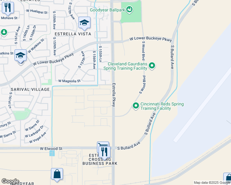 map of restaurants, bars, coffee shops, grocery stores, and more near 2831 Estrella Parkway in Goodyear