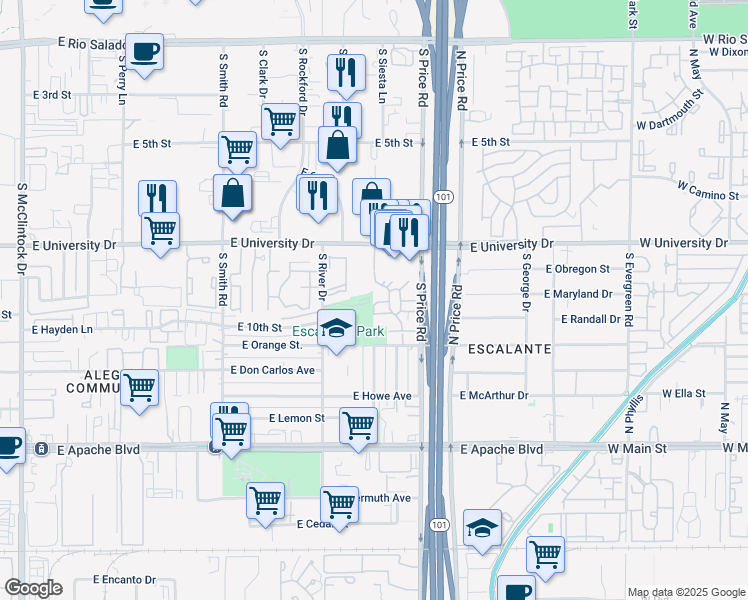 map of restaurants, bars, coffee shops, grocery stores, and more near 2118 East Center Lane in Tempe