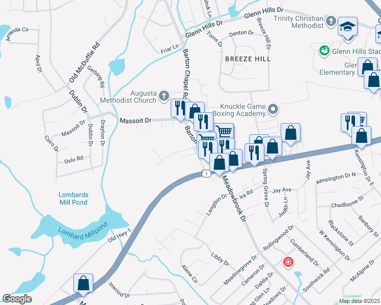 map of restaurants, bars, coffee shops, grocery stores, and more near 2675 Barton Chapel Road in Augusta