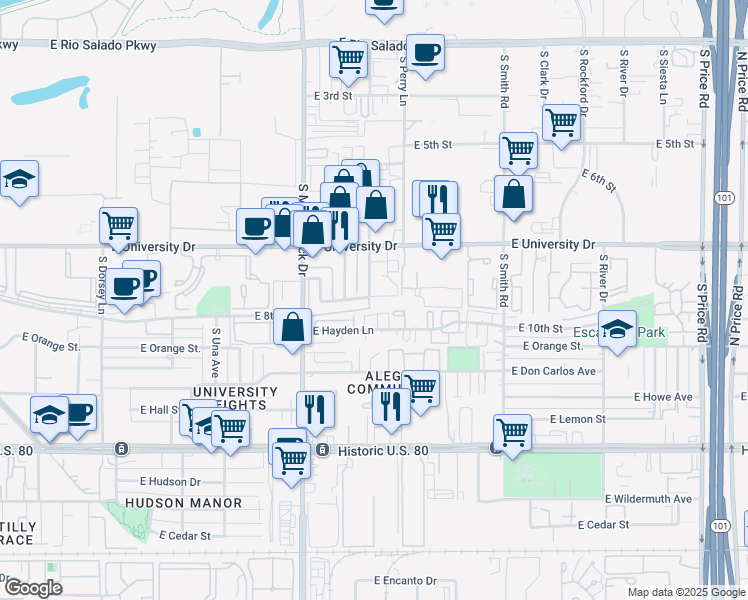 map of restaurants, bars, coffee shops, grocery stores, and more near 1851 East Kirkland Lane in Tempe