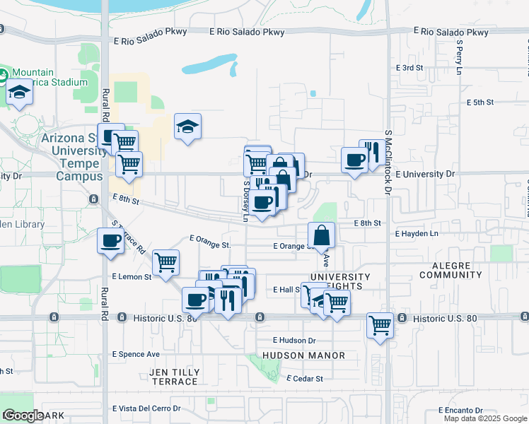 map of restaurants, bars, coffee shops, grocery stores, and more near 1343 East University Drive in Tempe