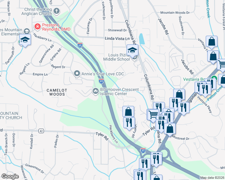 map of restaurants, bars, coffee shops, grocery stores, and more near 549 Hackberry Ridge Trace in Birmingham