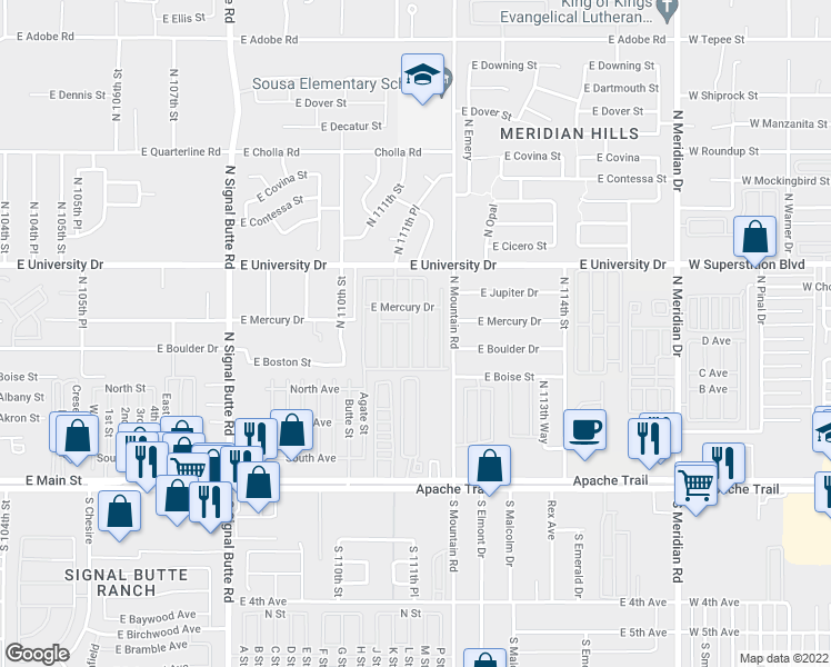 map of restaurants, bars, coffee shops, grocery stores, and more near 11101 East University Drive in Apache Junction