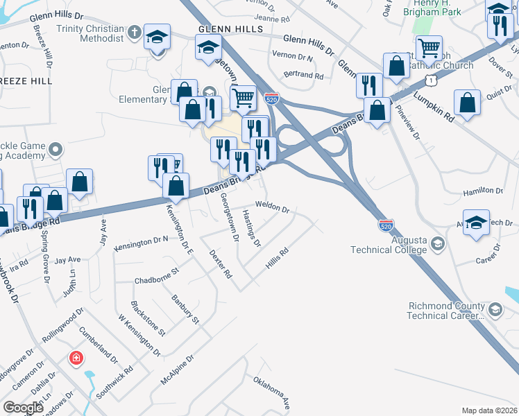 map of restaurants, bars, coffee shops, grocery stores, and more near 2518 Weldon Drive in Augusta