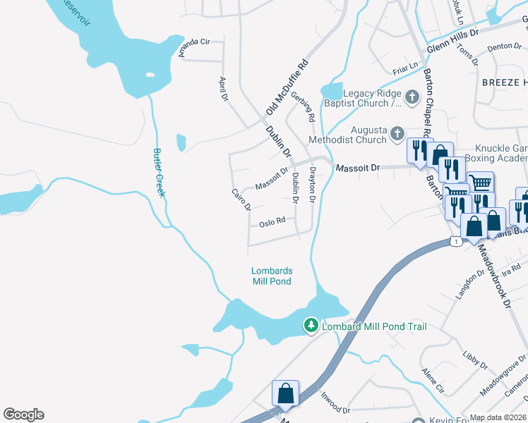 map of restaurants, bars, coffee shops, grocery stores, and more near 3706 Tripoli Court in Augusta