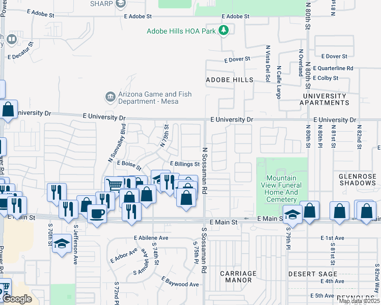 map of restaurants, bars, coffee shops, grocery stores, and more near 205 North 74th Street in Mesa