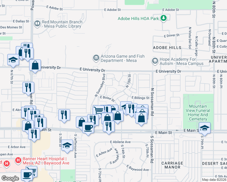 map of restaurants, bars, coffee shops, grocery stores, and more near 234 North 75th Street in Mesa