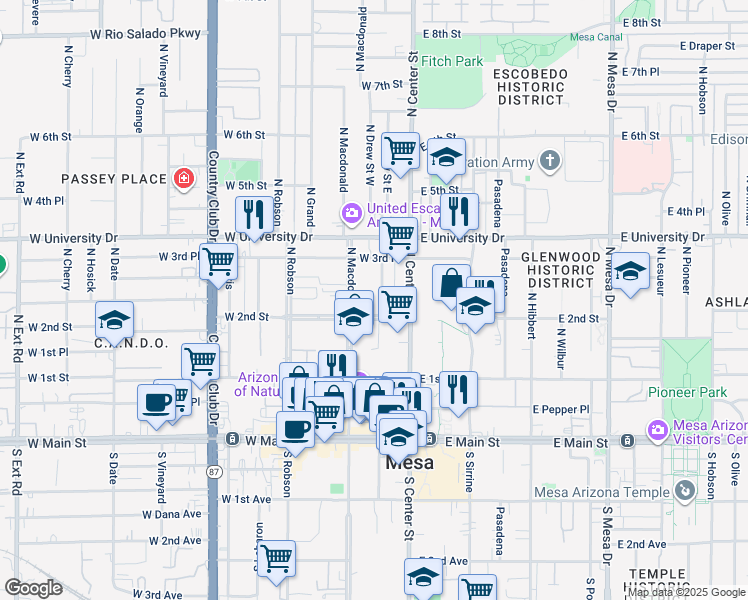 map of restaurants, bars, coffee shops, grocery stores, and more near 215 North Drew Street in Mesa