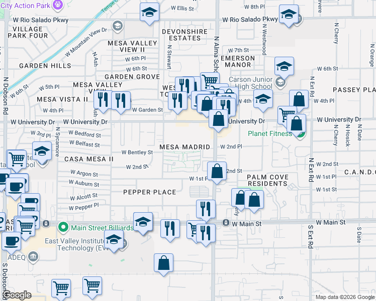 map of restaurants, bars, coffee shops, grocery stores, and more near Mesa Madrid Townhouses in Mesa