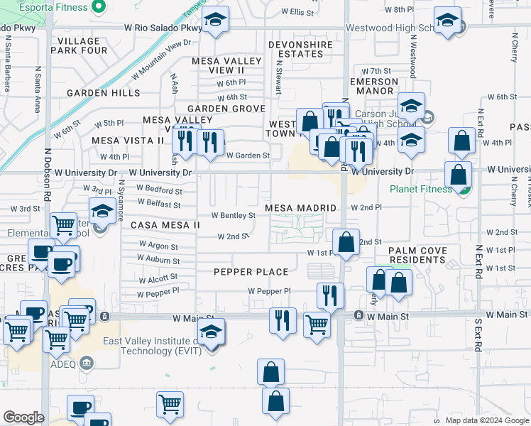 map of restaurants, bars, coffee shops, grocery stores, and more near 1406 West Bentley Street in Mesa