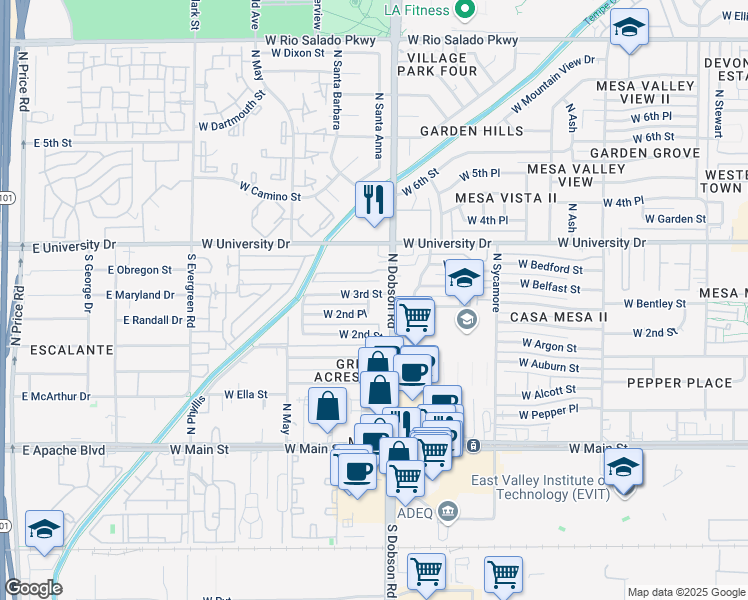 map of restaurants, bars, coffee shops, grocery stores, and more near 252 North Dobson Road in Mesa