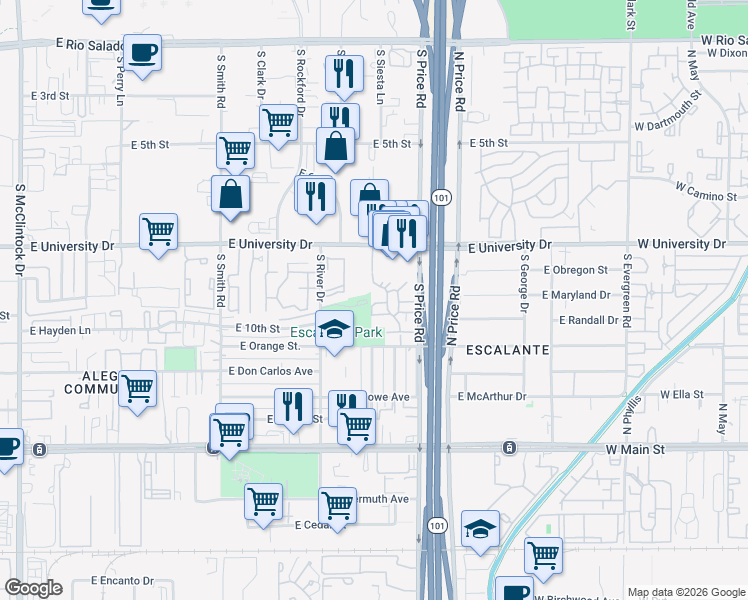 map of restaurants, bars, coffee shops, grocery stores, and more near 2118 East Center Lane in Tempe