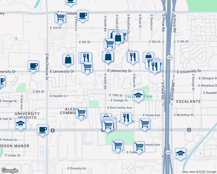 map of restaurants, bars, coffee shops, grocery stores, and more near 30 East Mobile Home Park in Tempe